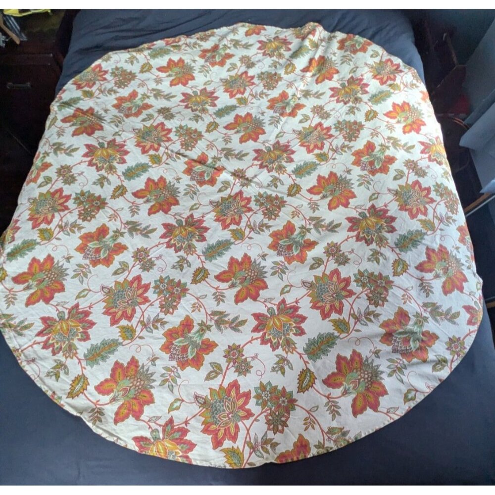 Wellesley Manor Round Floral Printed Fabric Tablecloth Green Orange Ivory 70"